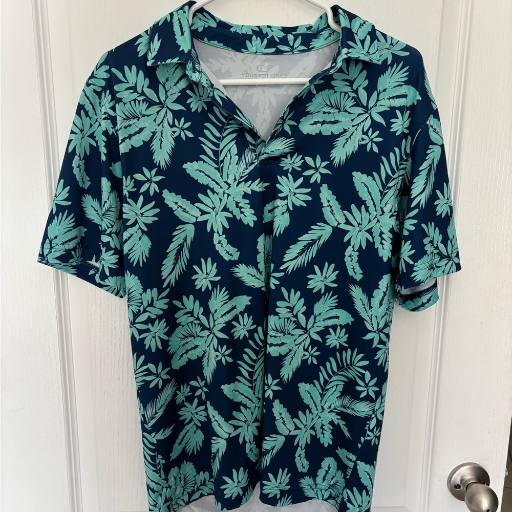 Vineyard Vines Navy and Teal Leaf Print Shirt